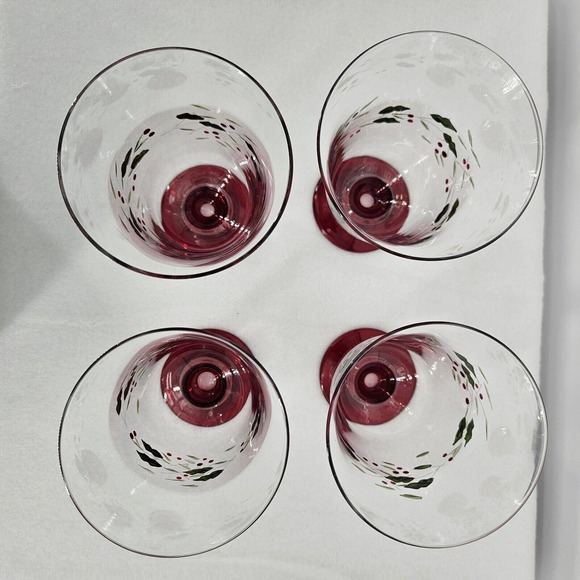 Pfaltzgraff Winterberry Water Holiday Goblets Hand Painted Etched Qty 4 In Box - Picture 4 of 8